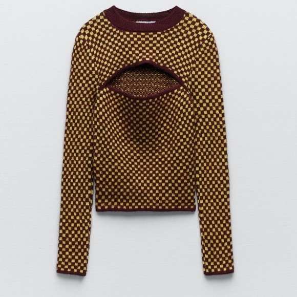 Zara Burgundy Checkered Cut-Out Knit Sweater - Picture 6 of 14